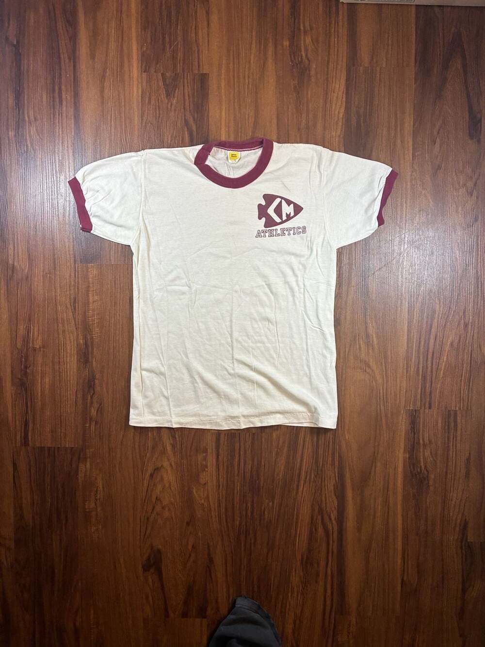 Velva Sheen KM Athletics Ringer T-Shirt Size L Vintage White Maroon